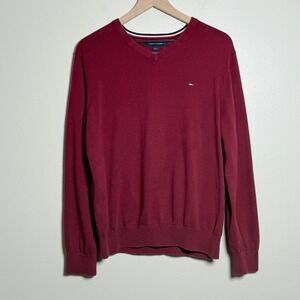 Tommy‎ Hilfiger Mens Sweater L Red Cotton V-Neck Preppy Academia